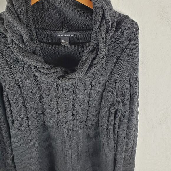 Chelsea & Theodore Sweater Dress Women L Grey Cable Knit Bell Sleeve Roll Neck - Picture 3 of 6